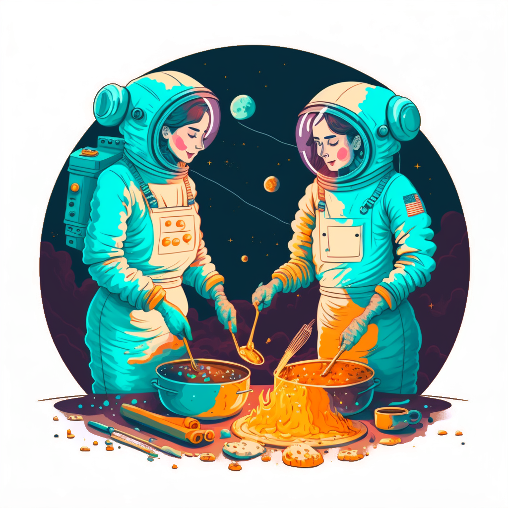 two white women in space suits stand over a pot. A plate of fire sits awkwardly in front of the two pots, as this is AI artwork. The orange of the fire complements the teal shadows on their spacesuits.