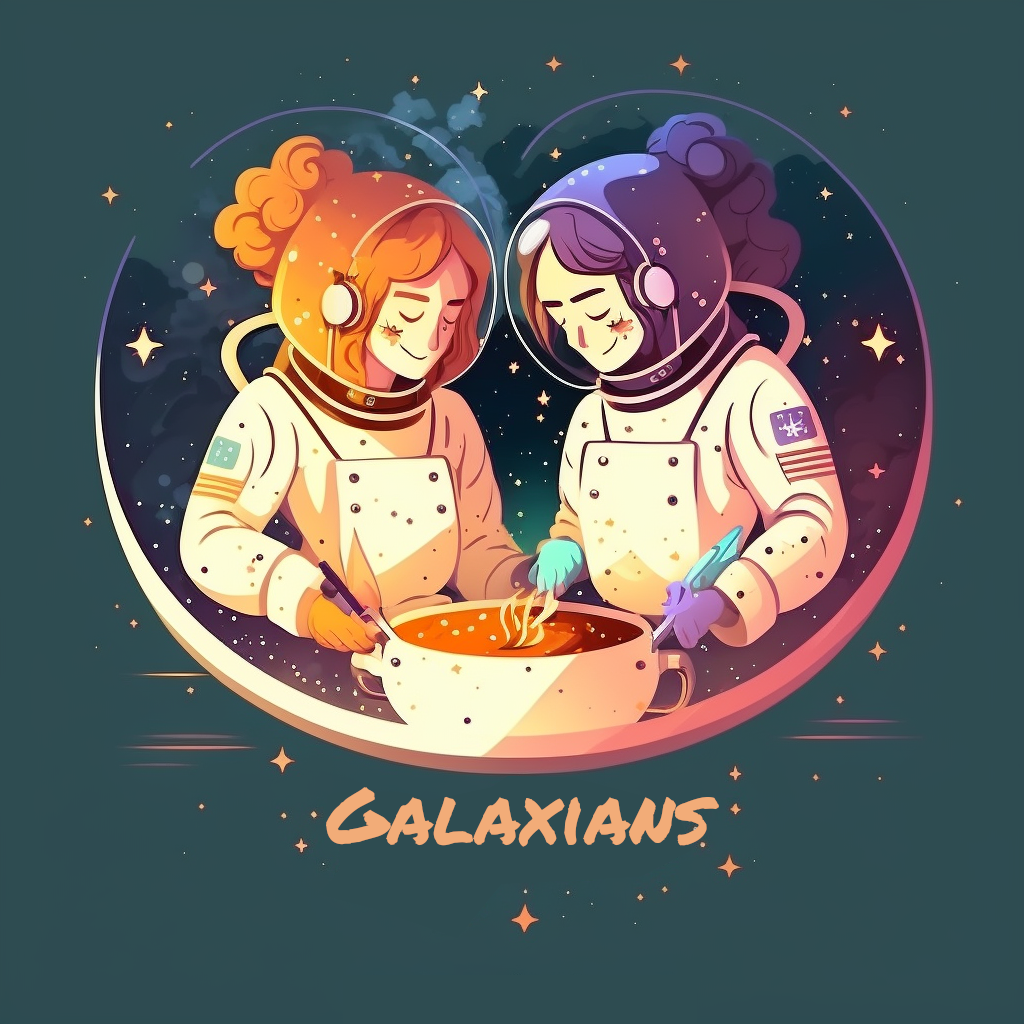 two women in a cardiod shape, one with orange, one with purple hair, both are cooking at a pot. They're both in spacesuits. It's AI art and everything is a little bit dreamy