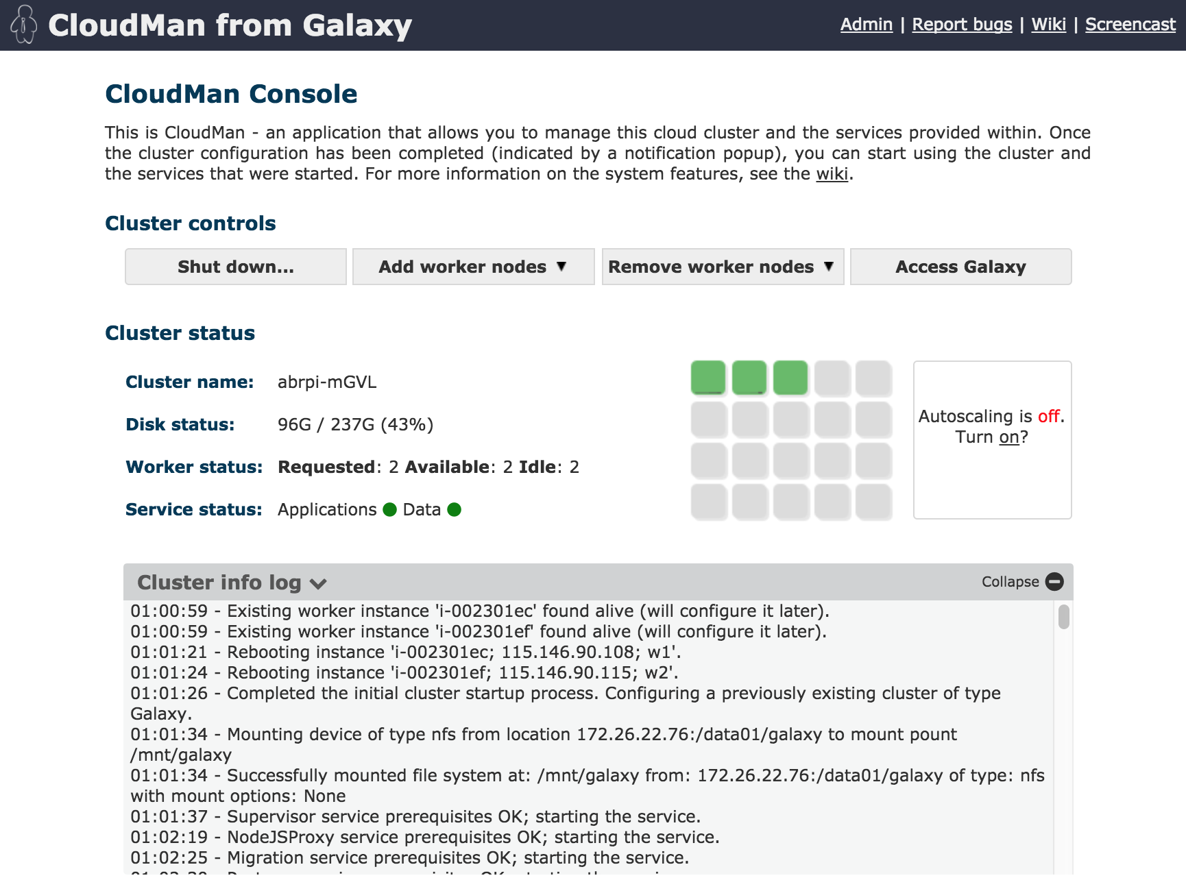 cloudman admin interface showing a cluster and controls. Three squares are green indicating worker nodes.