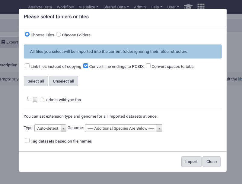 Same as the previous image, import popup listing options and one file, admin-wildtype.fna. 