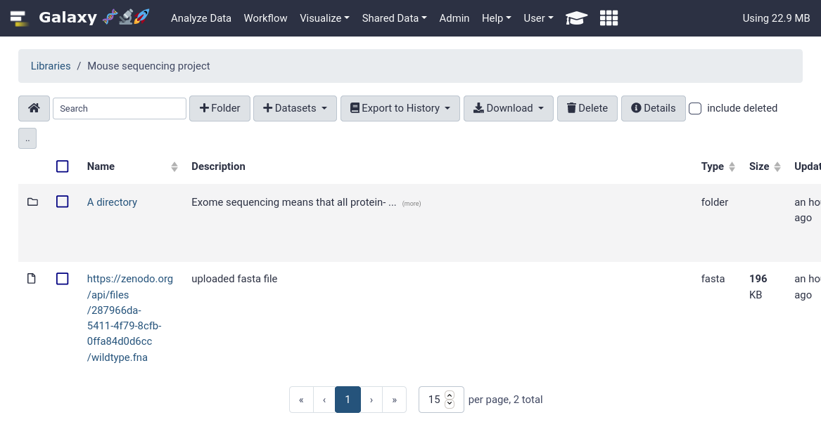 Screenshot of data libraries, we're in a library folder named "Mouse sequencing project" and a directory and single file are shown. The file has an ugly URL as its name. 