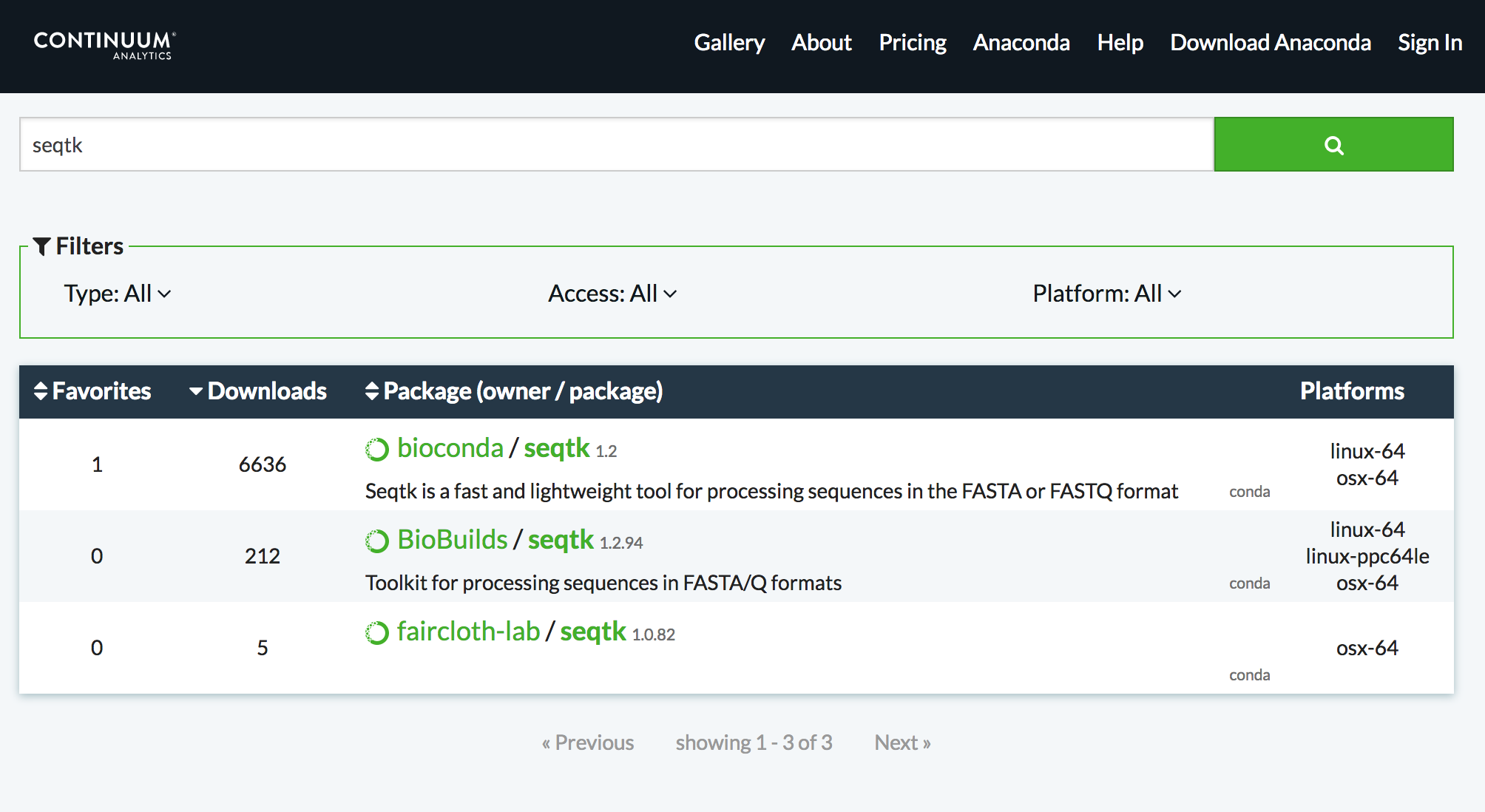Screenshot of an anaconda search for the term seqtk