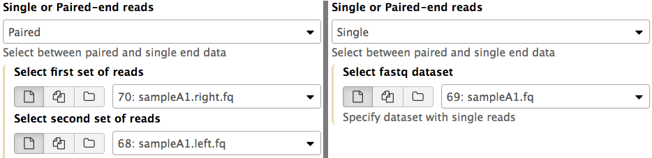 Two screenshots are shown side by side. In the left a select box is set to Paired and two file inputs appear below. On the right the same select box is set to single, and only a single file input appears below it.