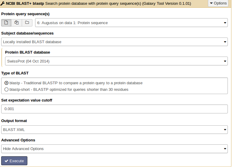 blastp tool interface and parameters