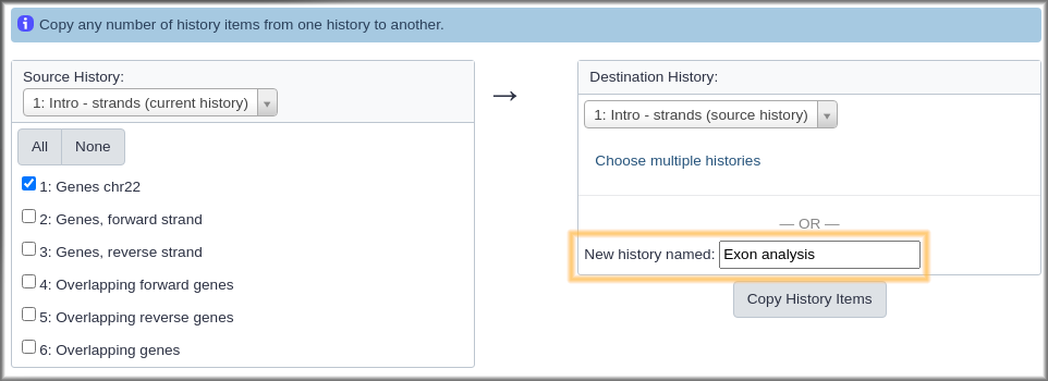 Copy only the Genes chr22  dataset to the new history. 