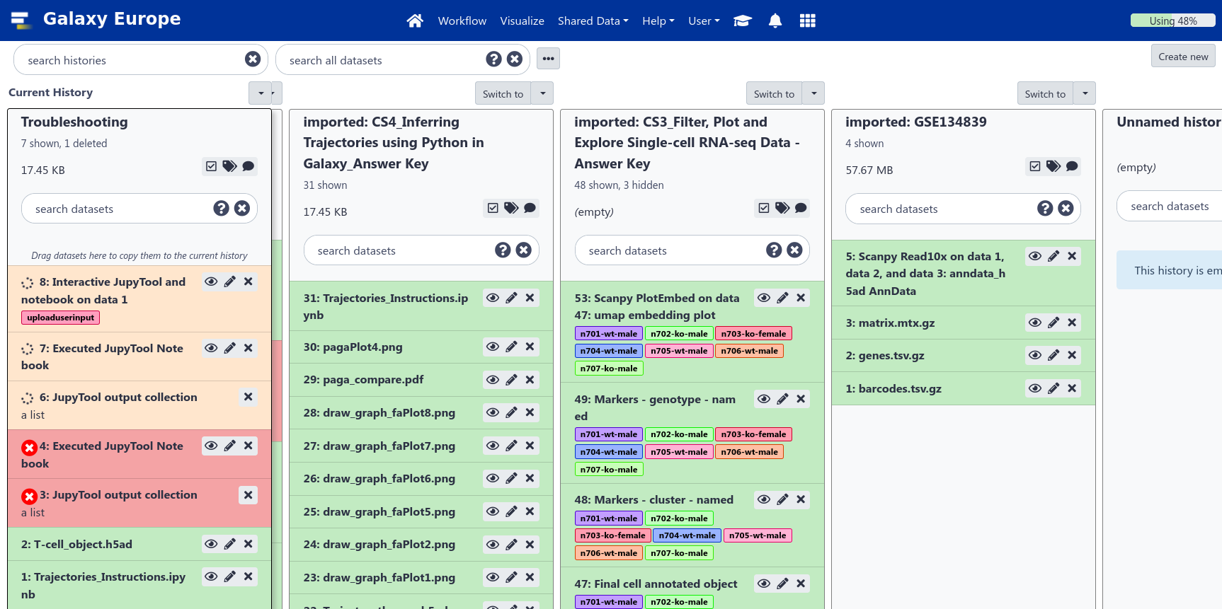 Screenshot of galaxy showing multiple histories next to each other in the multi-history view