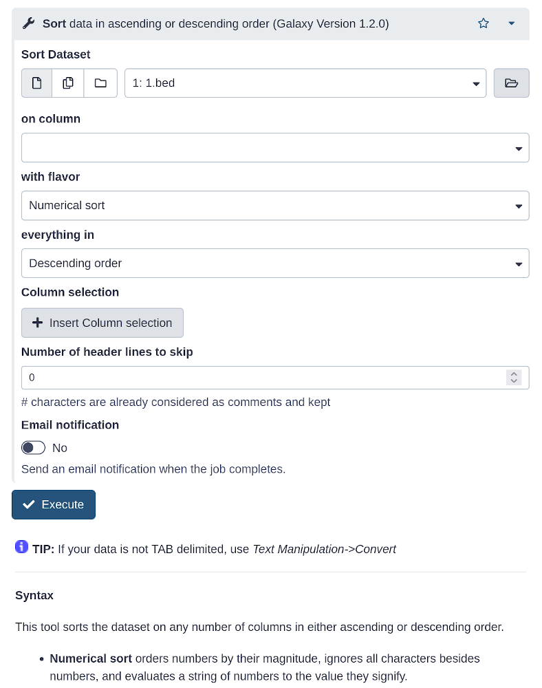 Screenshot of the tool interface for the Sort tool showing some inputs and an execute button.