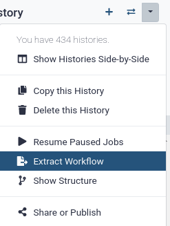 `Extract Workflow` entry in the history options menu. 