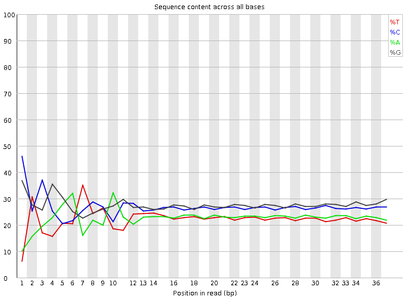 A line chart mapping sequence content across all bases with % of the four nucleotides plotted. The graph starts off very jagged and stabilises by base 12.