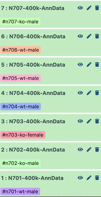 The files are numbered such that dataset #1 is N701, dataset #2 is N702, etc., up through #7 as N707. This puts N707 at the top and N701 at the bottom in the Galaxy history.