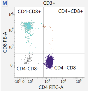 Diagrama de dispersión dividido en cuatro regiones mostrando CD4+/- y CD8+/-