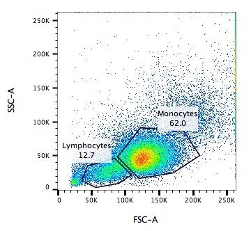 Mismo diagrama de dispersión, pero ahora los monocitos y granulocitos se muestran como zonas coloreadas.